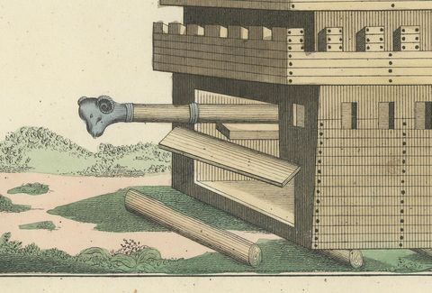 19th-Century Hand-Coloured Lithograph of a Multi-Level Medieval Siege Tower, close-up 2