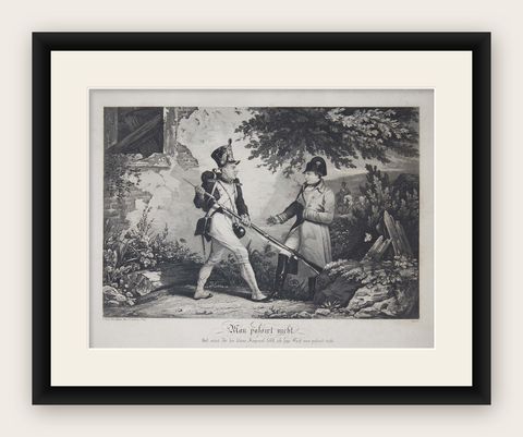 Satirical German Military Engraving of Napoleon as the Little Corporal, c1835, shown framed