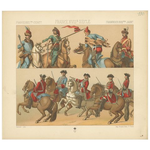 Pl. 130 Antique Print of French 18th Century Military Outfits by Racinet