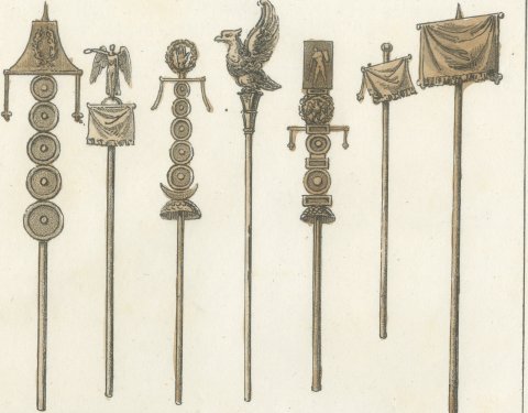 Roman Military Standards and Crested Helmets, Hand Colored Lithograph, 1842, close-up 1