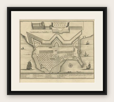 Antique Print of the Fort at Kollam ‘India’ by Valentijn, 1726, shown framed