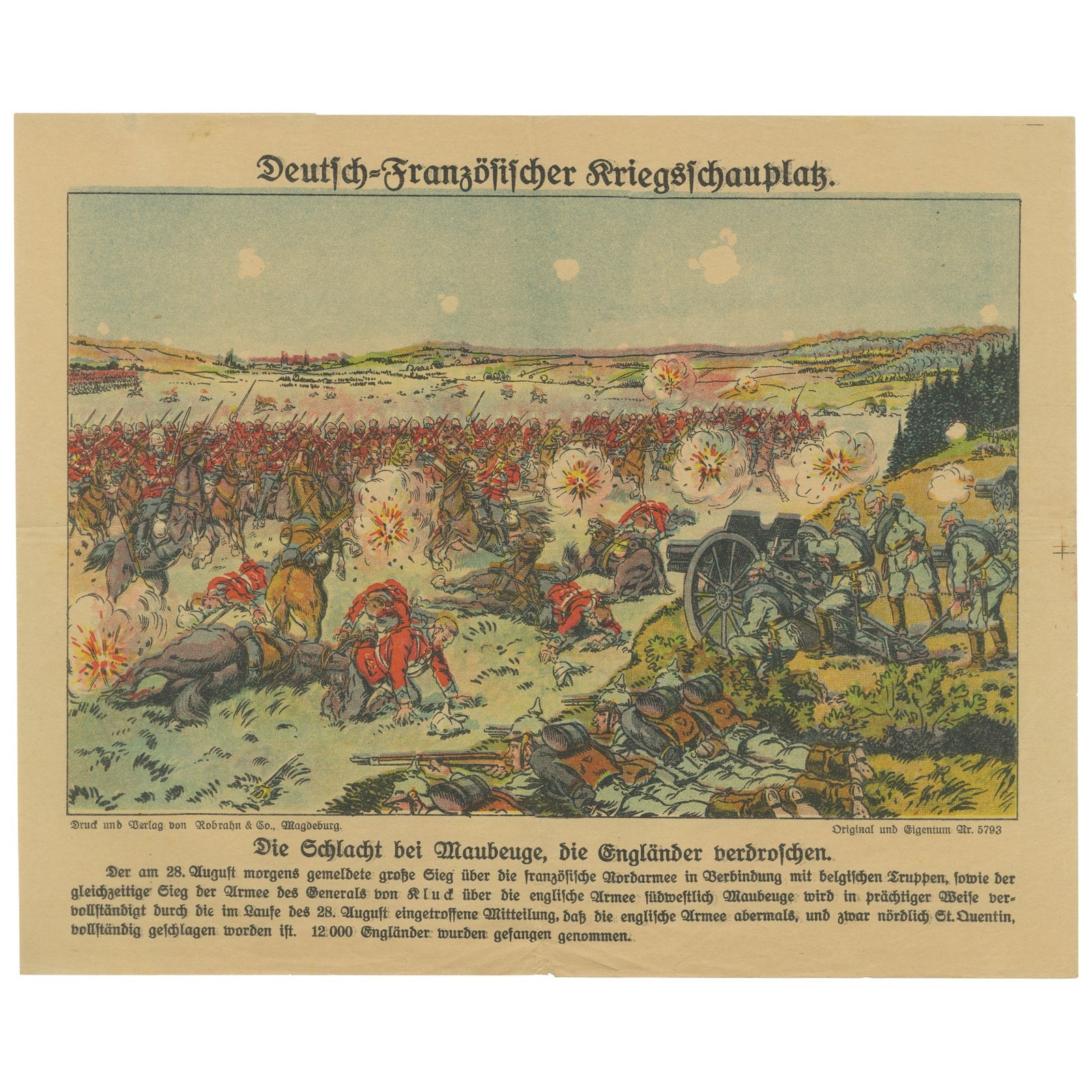 Battle of Maubeuge 1914, WWI German Illustrated War Print, Color Lithograph