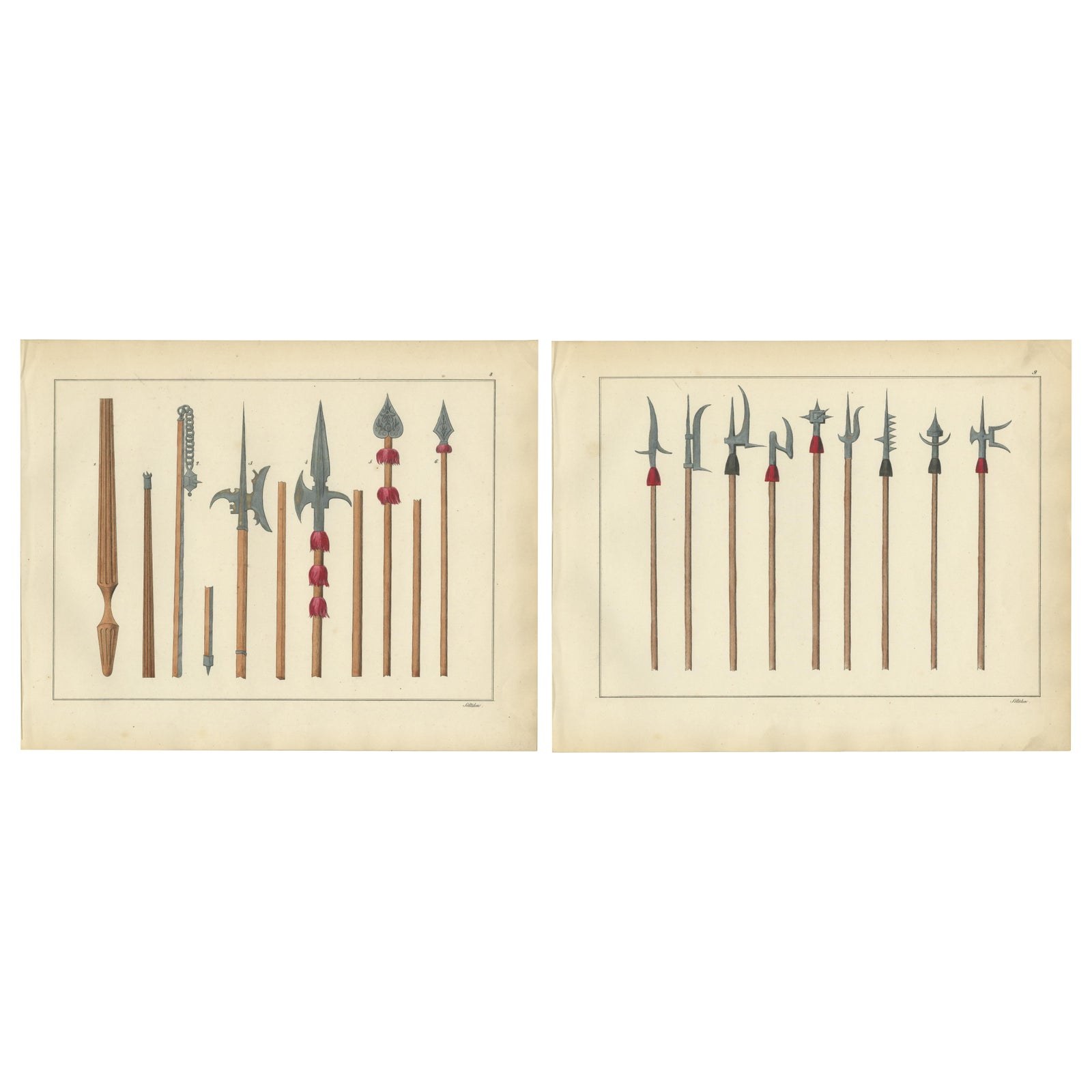 19th-Century Lithograph Compilation of Medieval Polearms and Weapons