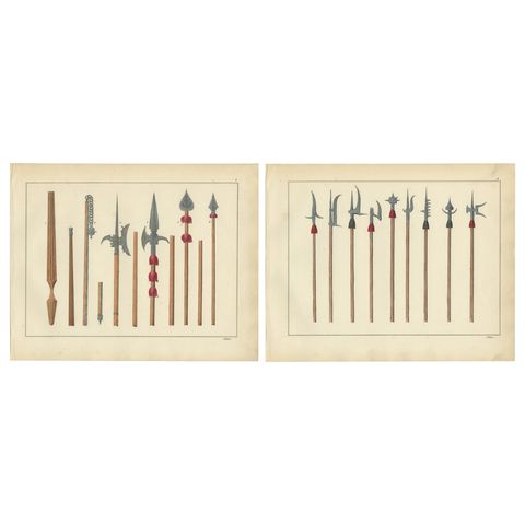 19th-Century Lithograph Compilation of Medieval Polearms and Weapons