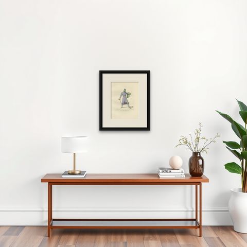 Antique Print of a Military Costume by Bonnard, 1860, shown framed on a wall