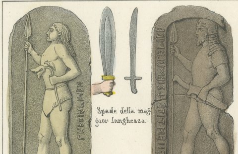 Etruscan Warriors in Relief, Swords and Shields, Hand Colored Lithograph, 1842, close-up 1