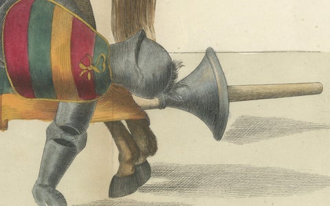 Hand-Coloured Jousting Scene: Armoured Knight and Striped Caparisoned Horse 1842, close-up 3