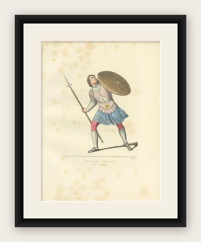 Antique Print of an Italian Soldier, 15th Century, by Bonnard, 1860, shown framed