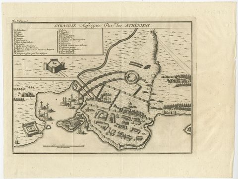 Old Copper Engraving of the Siege of Syracuse, Sicily, Italy, Published, ca.1740, view 2