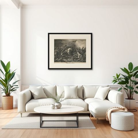 Large Mezzotint of Napoleon at the Battle of Waterloo German Print, c1850, shown framed in a room