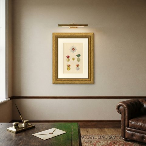 Orders of Baden, Zähringer Lion and Medals, Plate VIII, Wood Engraving, 1844, shown framed on a wall