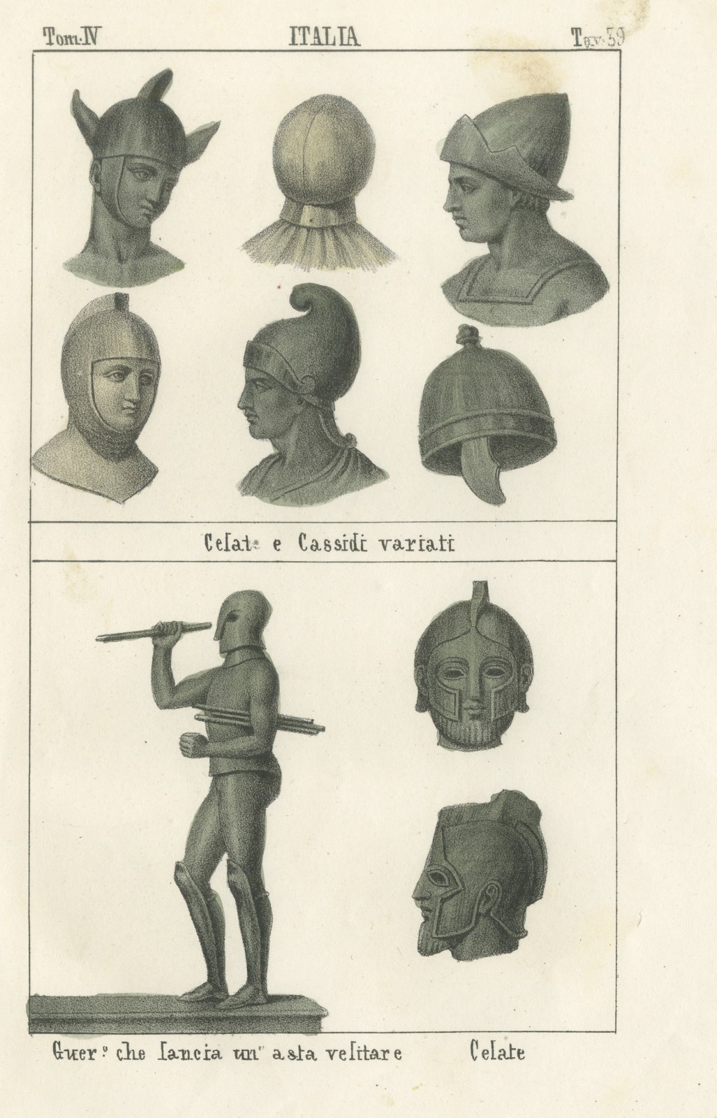 Ancient Helmets and a Bronze Warrior Hurling a Javelin, Lithograph, 1842