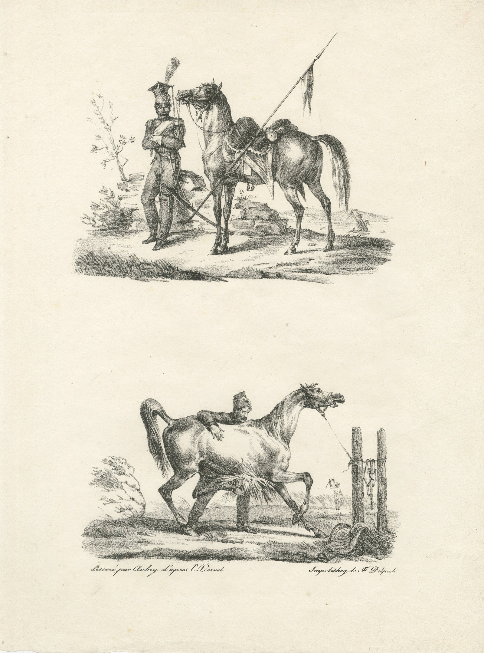 Antique Arabian Horse & Cavalry Lithograph after Carle Vernet, c.1825