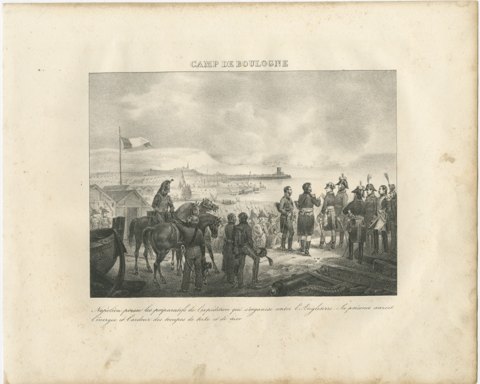 The Camp of Boulogne, the Invasion Flotilla, Antique Madou Lithograph, 1827, view 2