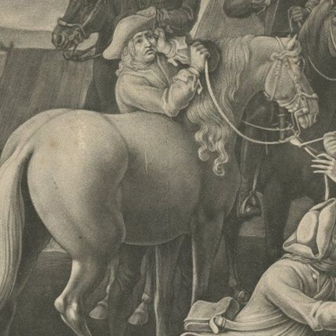 Mezzotint of Soldiers Near the Sutler's Tent for Tobacco, Beer and Meat, Ca.1750, close-up 2