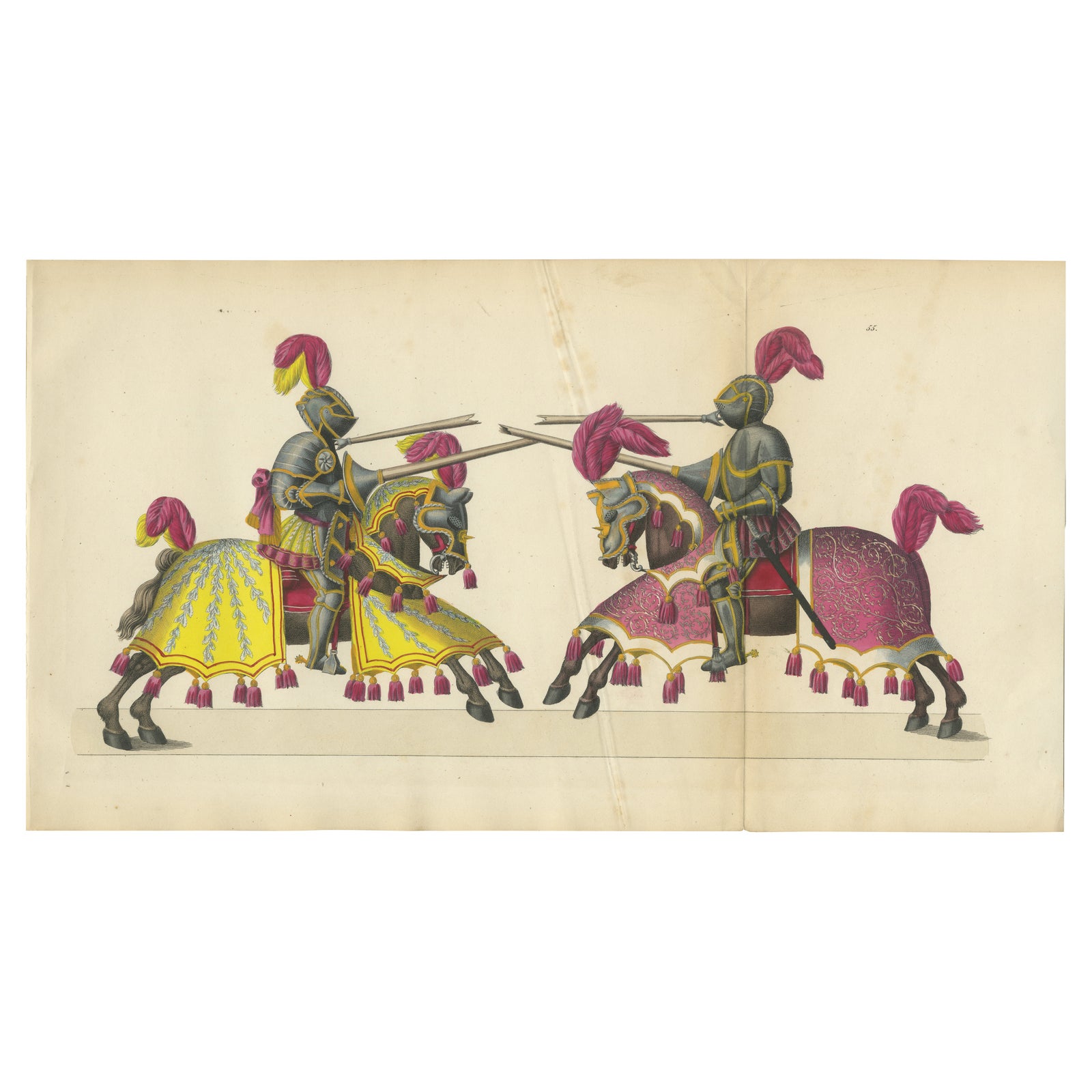 Magnificent Jousting Tournament Print with Handcoloured Knights and Horses, 1842