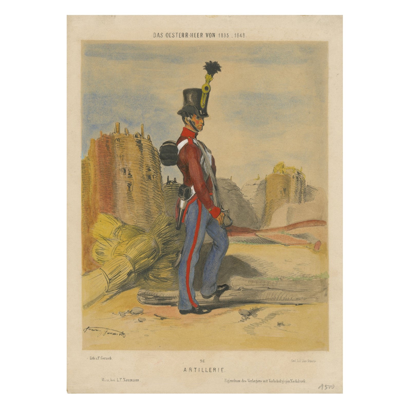 Austrian Artillery Soldier, 1835–1848, Hand-Coloured Lithograph