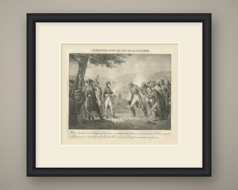 Victor Amadeus Sues for Armistice, Sardinia, Antique Madou Lithograph, 1827, shown framed