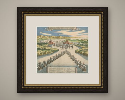 Venetian Fleet vs. Ottoman Turks, Dardanelles Naval Battle Engraving, 1656, shown framed