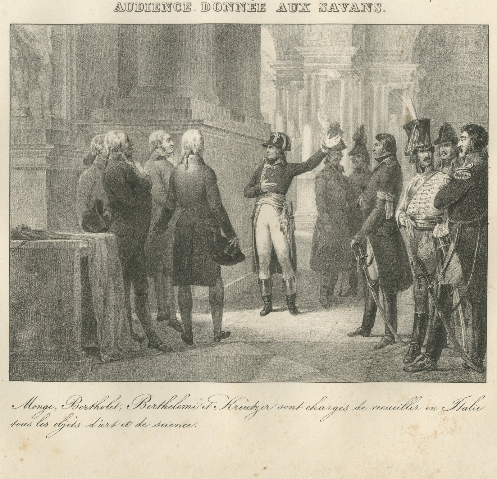 Audience to the Savants, Monge and Berthollet, Antique Madou Lithograph, 1827