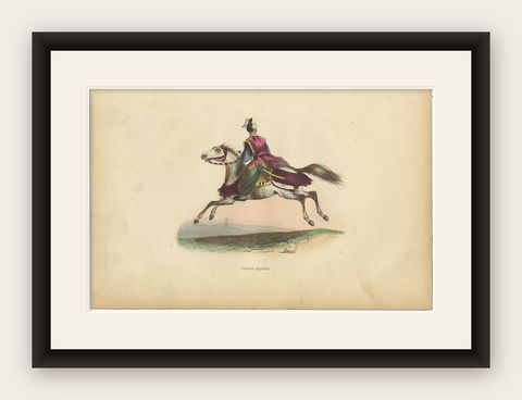 Antique Print of Japanese Cavalryman, 1843, shown framed