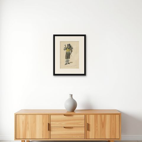 Antique Print of a Dutch Officer by Jacquemin 'c.1870', shown framed on a wall