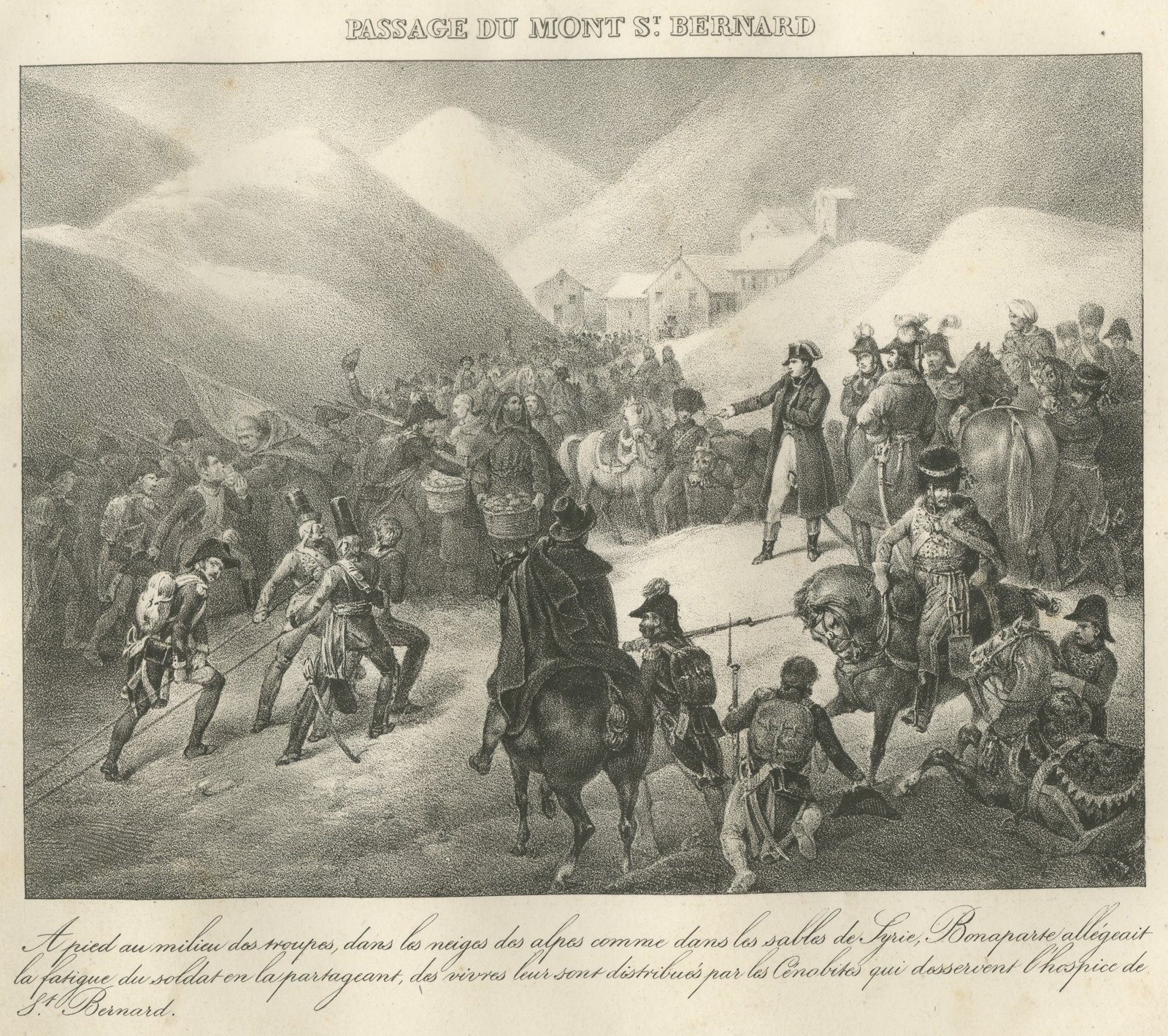 Crossing the Great Saint Bernard, the Hospice, Antique Madou Lithograph, 1827