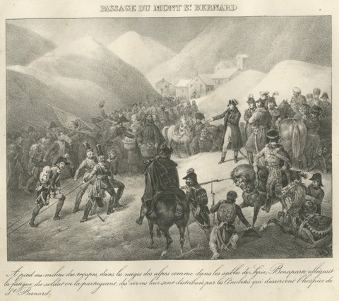 Crossing the Great Saint Bernard, the Hospice, Antique Madou Lithograph, 1827
