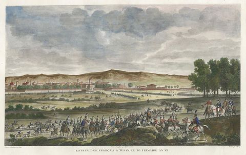 Entry of French Troops into Turin 1798, Napoleonic Era Engraving, 1808, close-up 2