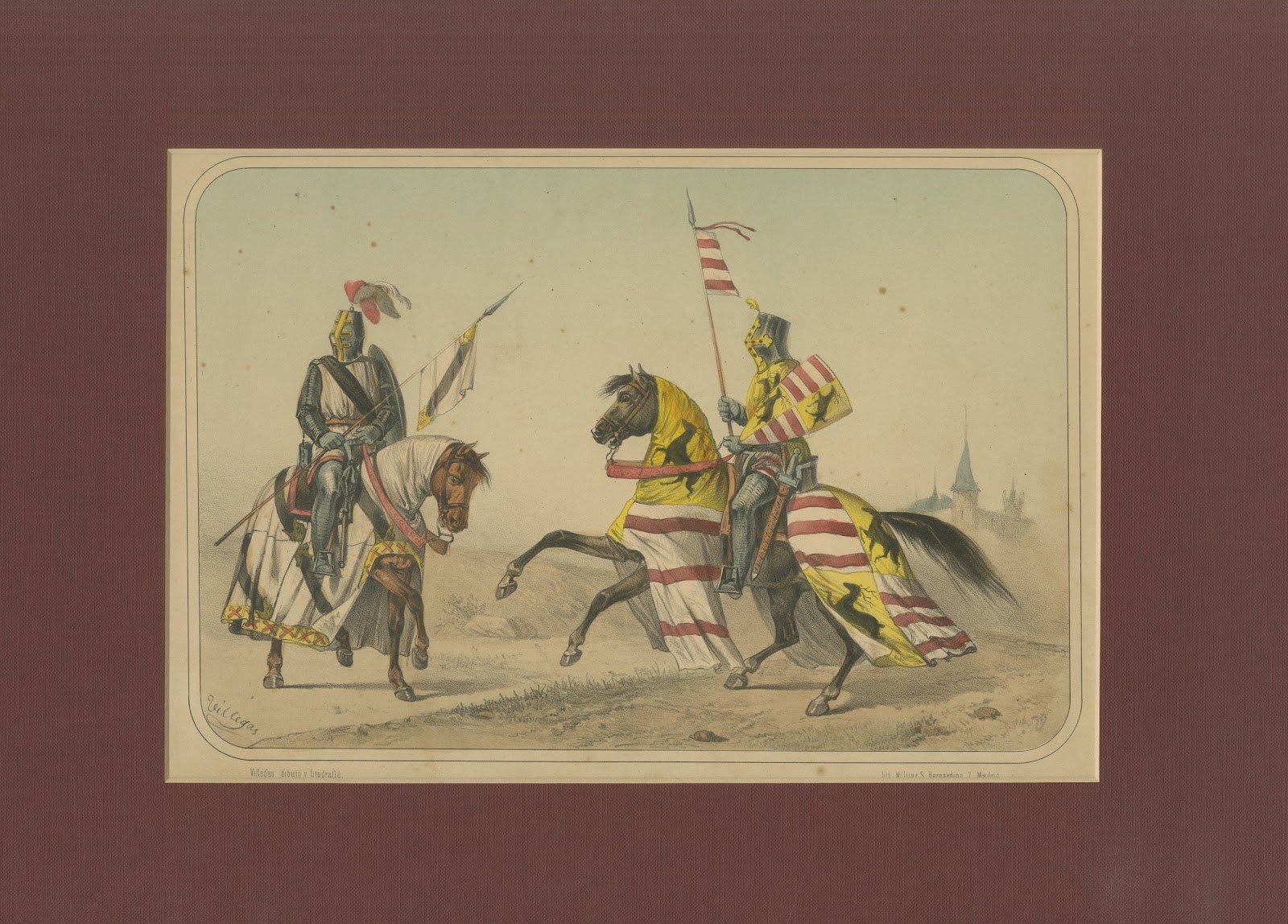 Spanish Cavalry Lithograph by José Villegas: Medieval Knights, 1861