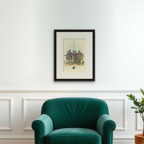 Antique Print of a Group of Soldiers, 1842, shown framed on a wall