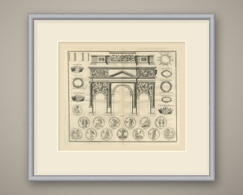 Roman Military Crowns and an Arch of Three Openings, Montfaucon, 1722, shown framed