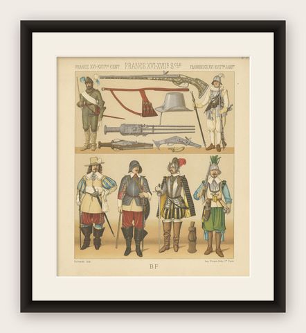 Pl. 83 Antique Print of French 16th Century Battle Costumes by Racinet, shown framed