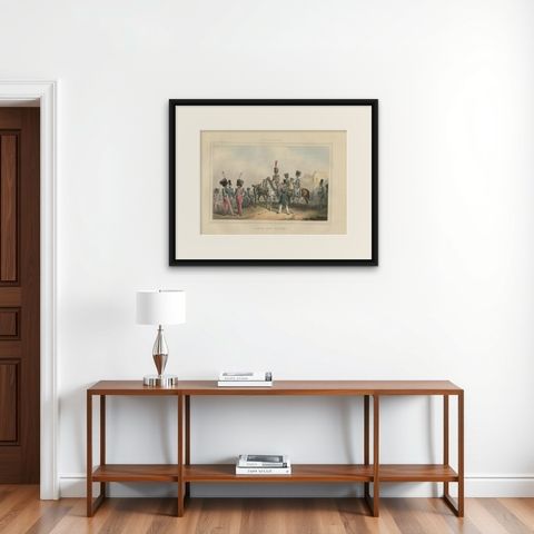 Rare Print of the 'Corps Des Guides' of the Belgium Army Regiment, 1833, shown framed on a wall