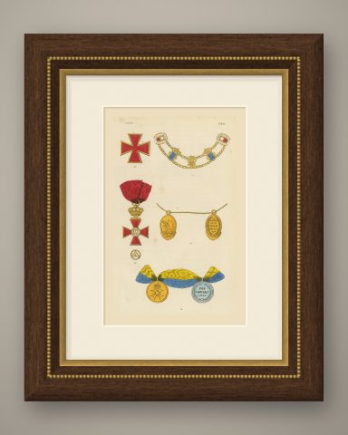 Sweden, Red Crosses, Collar and Medals, Plate LXXXI, Wood Engraving, 1844, shown framed