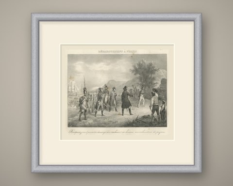 Landing at Frejus, Return from Egypt, Antique Madou Lithograph, 1827, shown framed