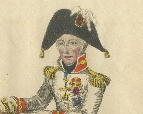Emperor Francis II of Austria Riding Before a Hilltop Castle, Hand Colored, 1815, close-up 1