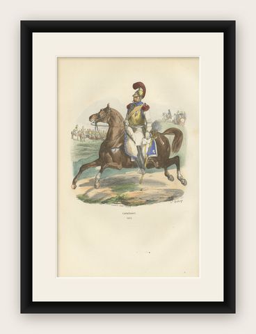 Carabinier, Napoleonic Imperial Guard cavalry, hand-colored print, Paris 1843, shown framed