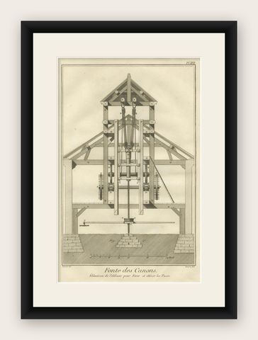 Eighteenth-Century Engraving of a Cannon-Boring Machine from Fonte des Canons, shown framed