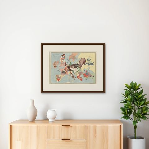 WWI Satirical Cartoon Map: 'Kill That Eagle' by J.H. Amschewitz, 1914, shown framed on a wall