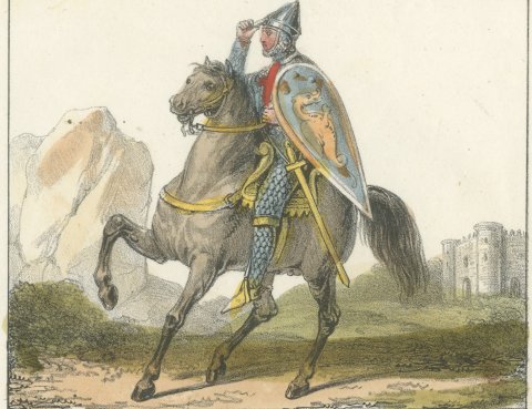 Two Mounted Crusader Knights, Hand Colored French Lithograph, 1842, close-up 1
