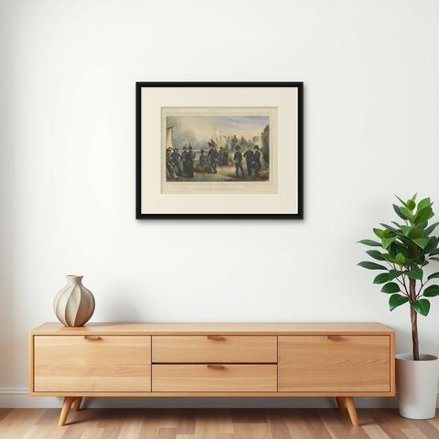 Handcolored Antique Print of the Marine Administration of the Belgium Army, 1833, shown framed on a wall