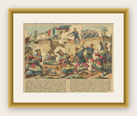 Tonkin War Battle Scene, Défense de Tuyen-Quan, Épinal Print, 1885, shown framed