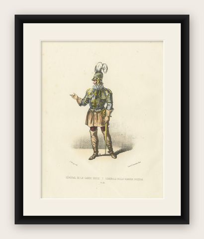 Commanding Tradition: Handcolored Print of the Swiss Guard General, 1862, shown framed