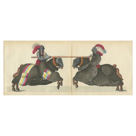 19th-Century Hand-Coloured Knights Jousting in Ornate Black Caparisons