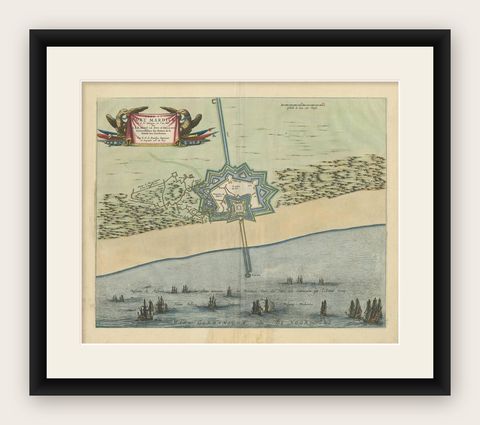 Antique Plan of Fort Mardyck Mardijk, France by S. Beaulieu, 1649, shown framed