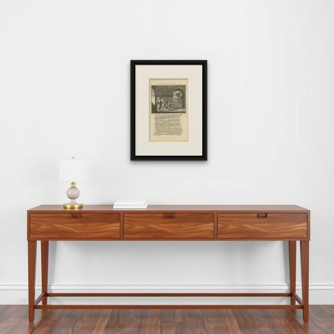 Antique Print of a Battle in Vidia Rajoe in India, 1726, shown framed on a wall