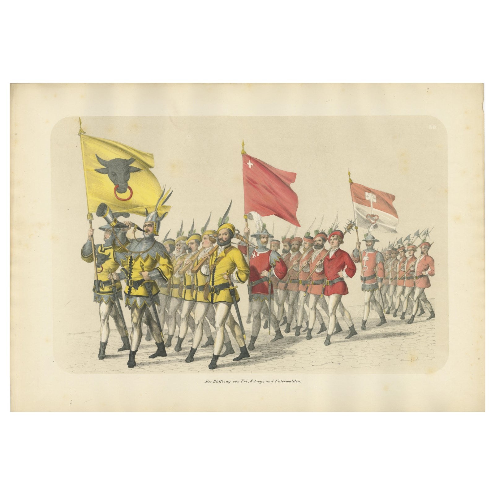 1855 Hand-Colored Lithograph of Swiss Cantonal Troops, Uri, Schwyz, Unterwalden