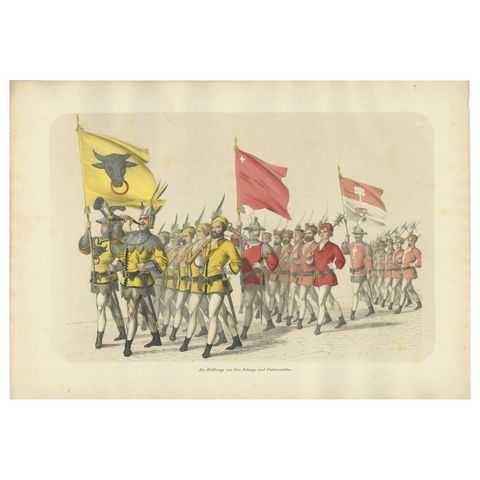 1855 Hand-Colored Lithograph of Swiss Cantonal Troops, Uri, Schwyz, Unterwalden