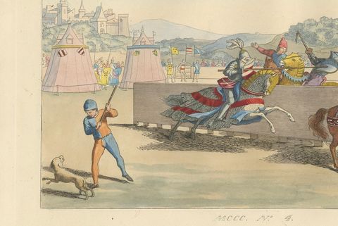 Medieval Tournament Joust Scene with Knights and Spectators, 1845, close-up 1